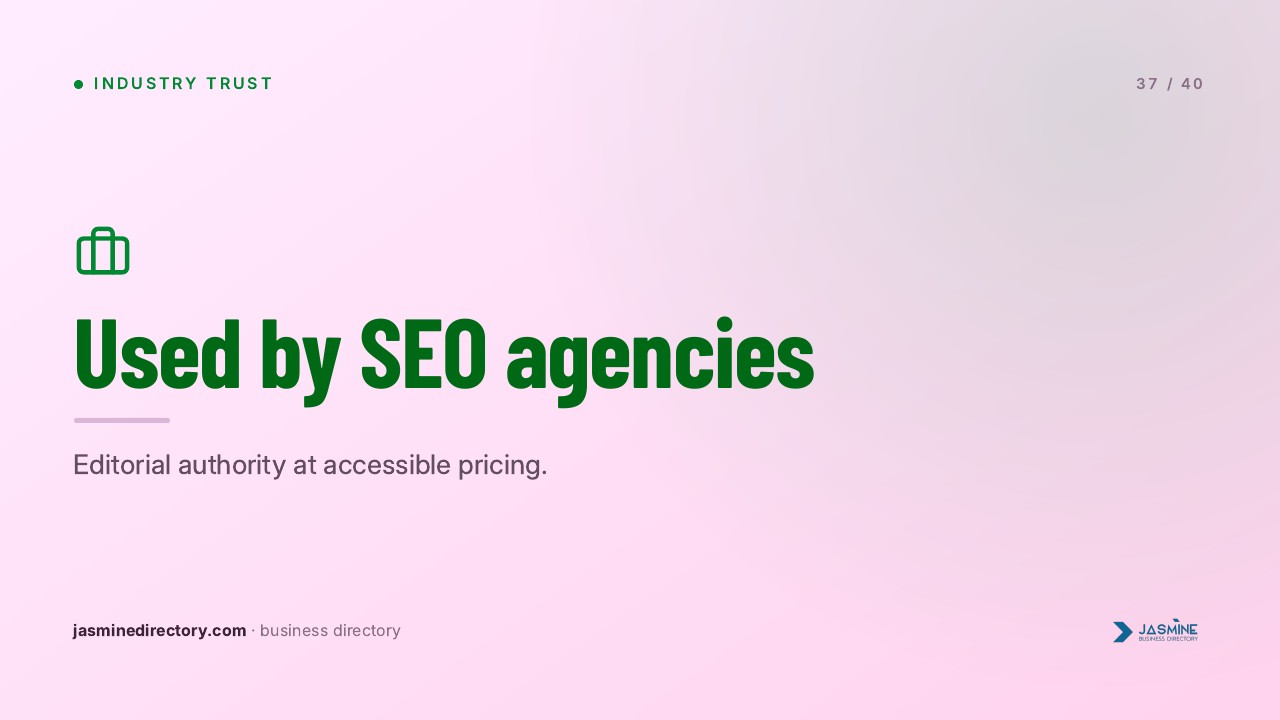 A presentation slide with green briefcase icon and 'Used by SEO agencies' heading illustrates the professional credibility of business directories in local SEO strategies.