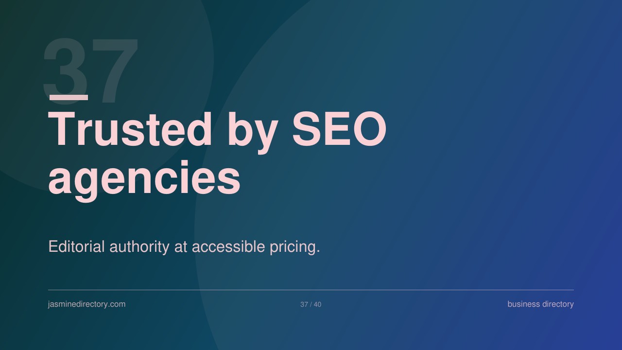 Presentation slide displaying '37 Trusted by SEO agencies' in pink text on teal-to-blue gradient, illustrating directory platforms favored by search marketing professionals.