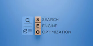 Wooden letter blocks spelling SEO beside full text 'Search Engine Optimization' on blue surface with search icons, illustrating directories as citation sources in AI search.