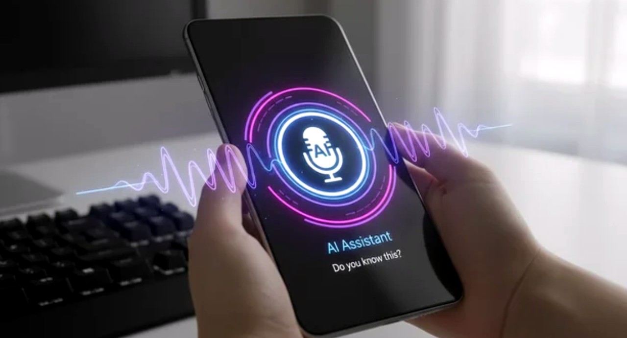 Person holding smartphone displaying glowing AI assistant interface with microphone icon and waveform graphics, illustrating voice-based answer engine optimization technology.