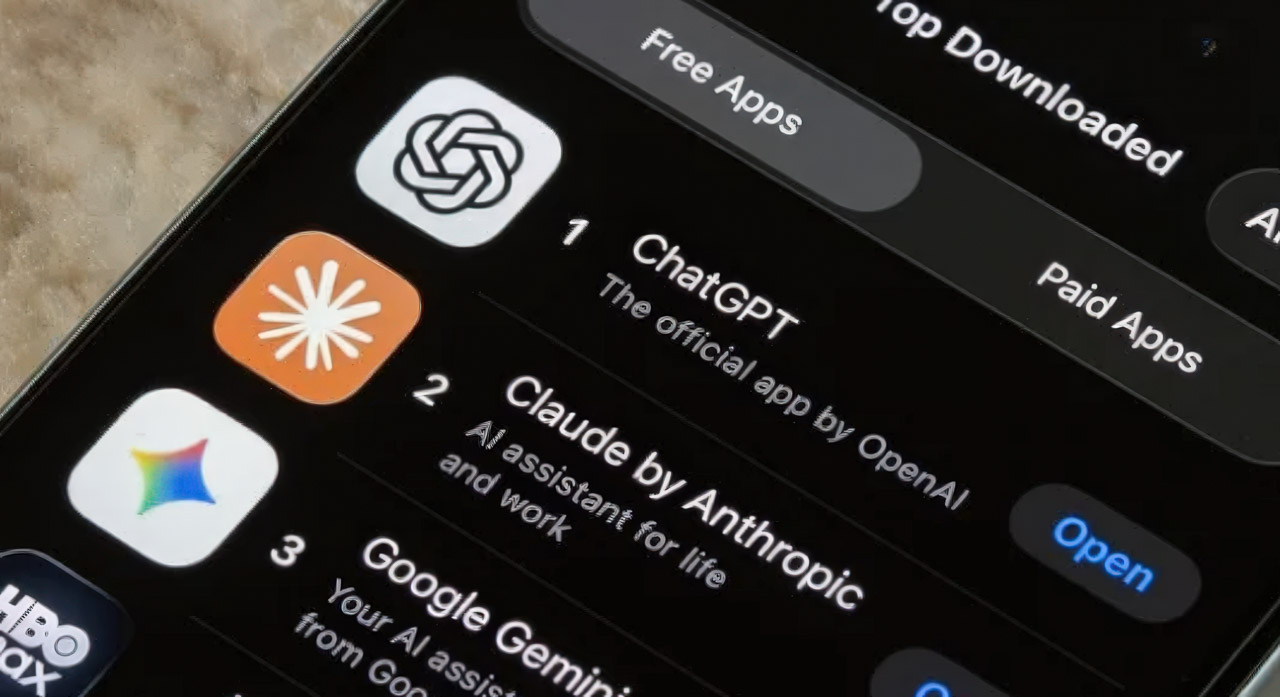 Smartphone screen displays app store rankings featuring ChatGPT, Claude, and Google Gemini AI applications, illustrating the technology shaping modern reputation management.