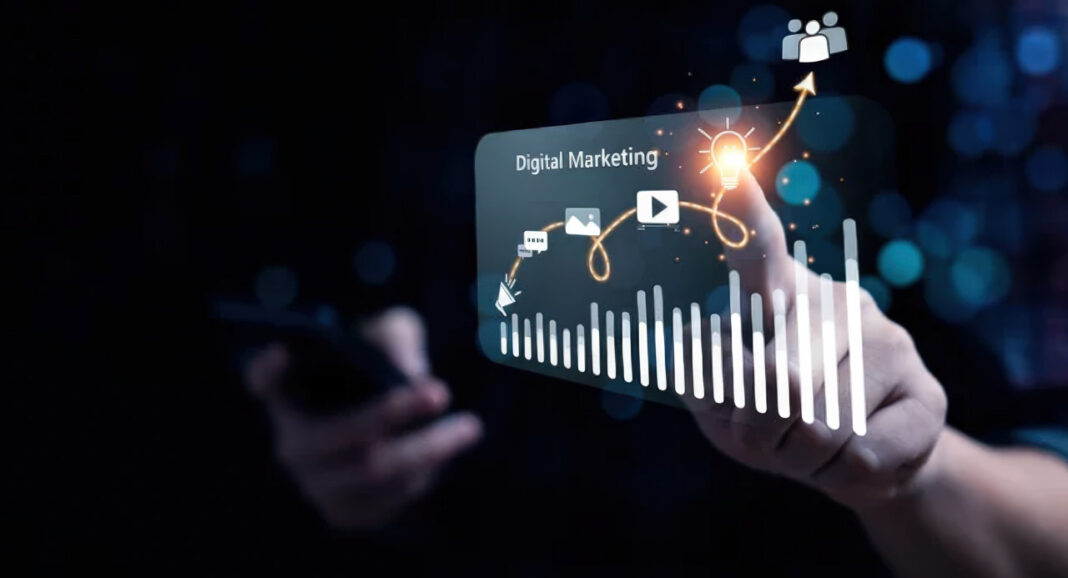 Holographic marketing interface illustrates evolution beyond traditional banner advertising Hand holds smartphone displaying holographic digital marketing interface with charts and icons, illustrating modern alternatives to traditional banner advertisements.