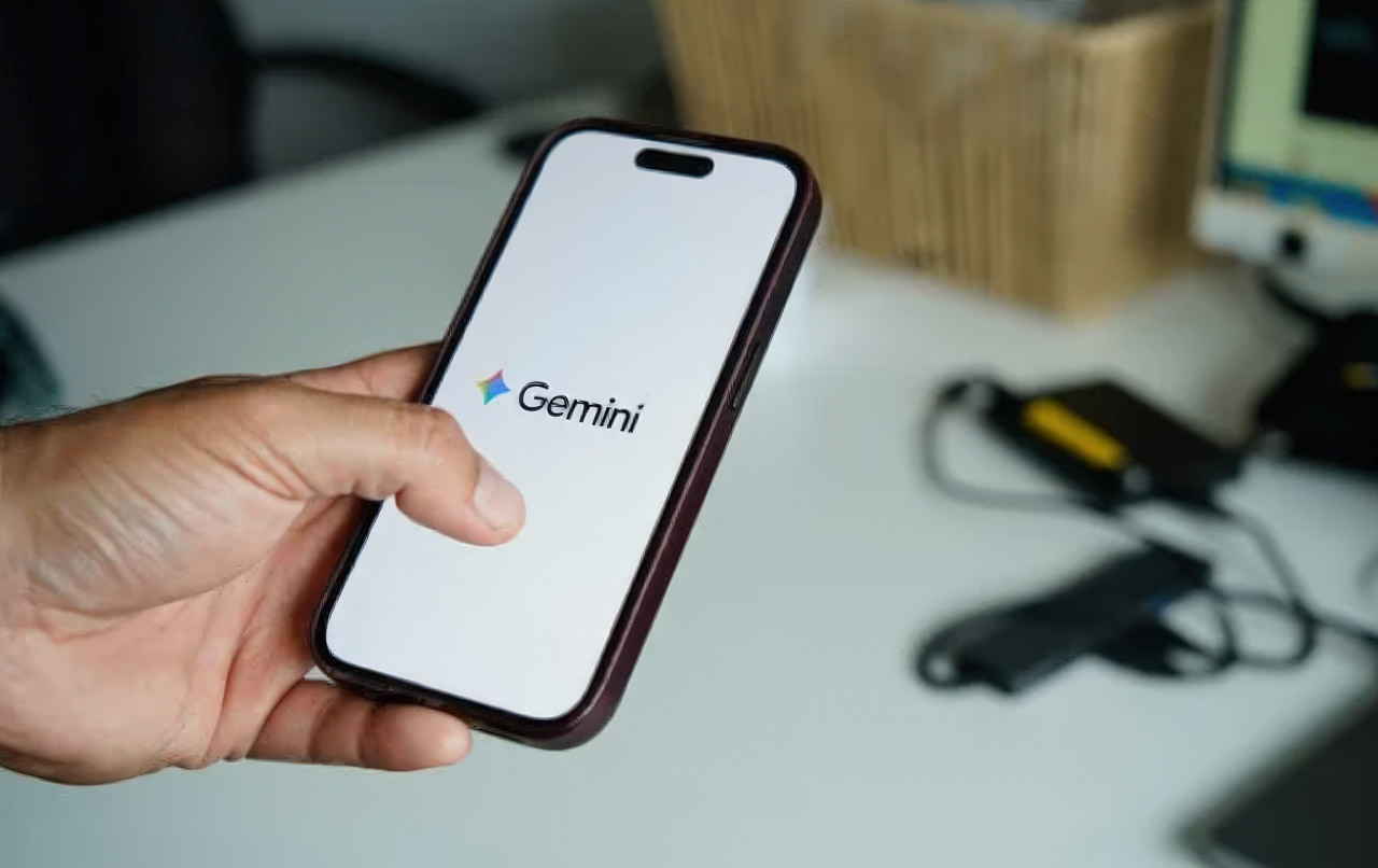 A hand holds a smartphone displaying the colorful Gemini logo on its screen, illustrating the AI model being compared in the article.