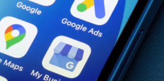 Close-up of smartphone screen displaying Google Ads, Google Maps, and My Business app icons, representing digital advertising tools available to local businesses.
