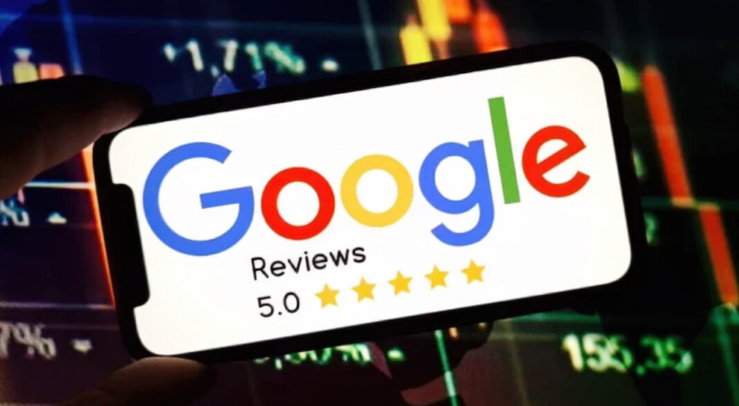 Google Reviews 5-star rating display demonstrates search result credibility signals for SEO Smartphone screen showing Google Reviews interface with a perfect 5.0 star rating, illustrating how review snippet schema displays star ratings in search results.