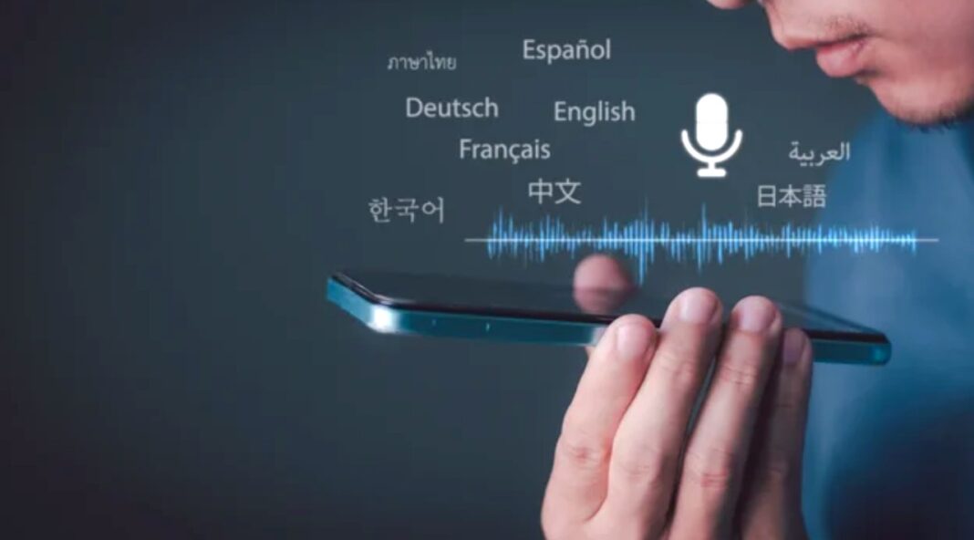 Voice translation technology demonstrates multilingual capabilities for navigating Asian language directories Person holding smartphone with holographic display showing multiple language options including Chinese, Japanese, and Korean, illustrating modern solutions for Asian language directory navigation challenges.