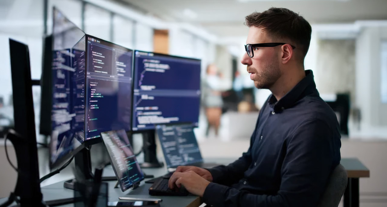 Software developer wearing glasses works at desk with multiple monitors displaying code, representing the technical process of diagnosing and fixing website problems.