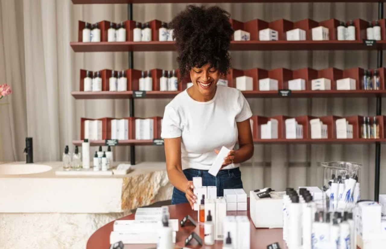 Skincare shop owner organizing white-packaged products at wooden display table in specialty cosmetics store, illustrating the focused inventory approach of successful niche markets.