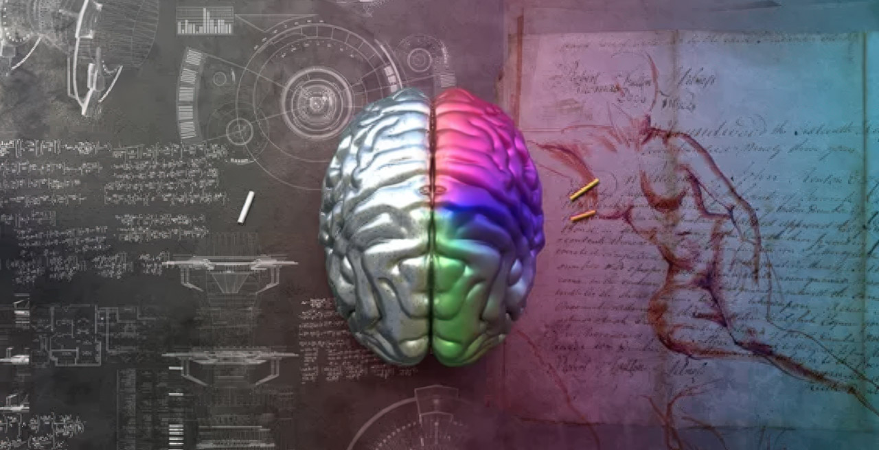 A digitally rendered brain split into metallic silver and pink-purple halves against technical and artistic backgrounds, representing the balance of logic and creativity in human thinking.