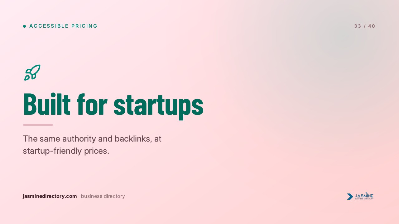 A pink gradient presentation slide displays the heading 'Built for startups' with a teal rocket icon, illustrating directory listing strategy for new ventures.
