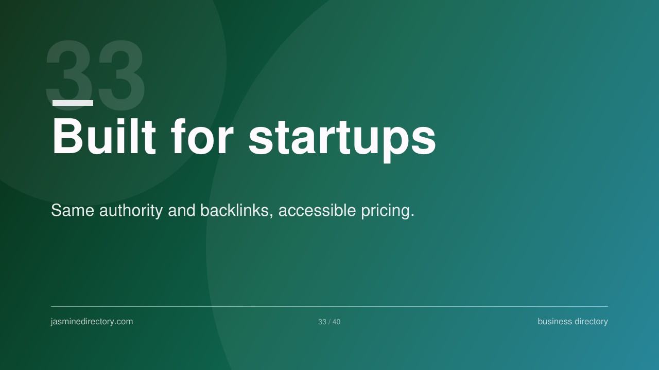 Presentation slide with teal gradient background and white text reading 'Built for startups', illustrating directory listing services for new businesses.