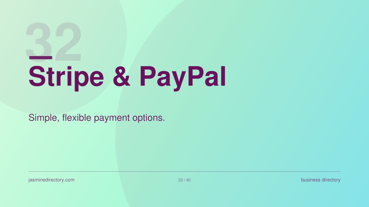 Presentation slide displaying Stripe and PayPal payment services on a gradient background, illustrating transaction fee options for niche directory monetization.