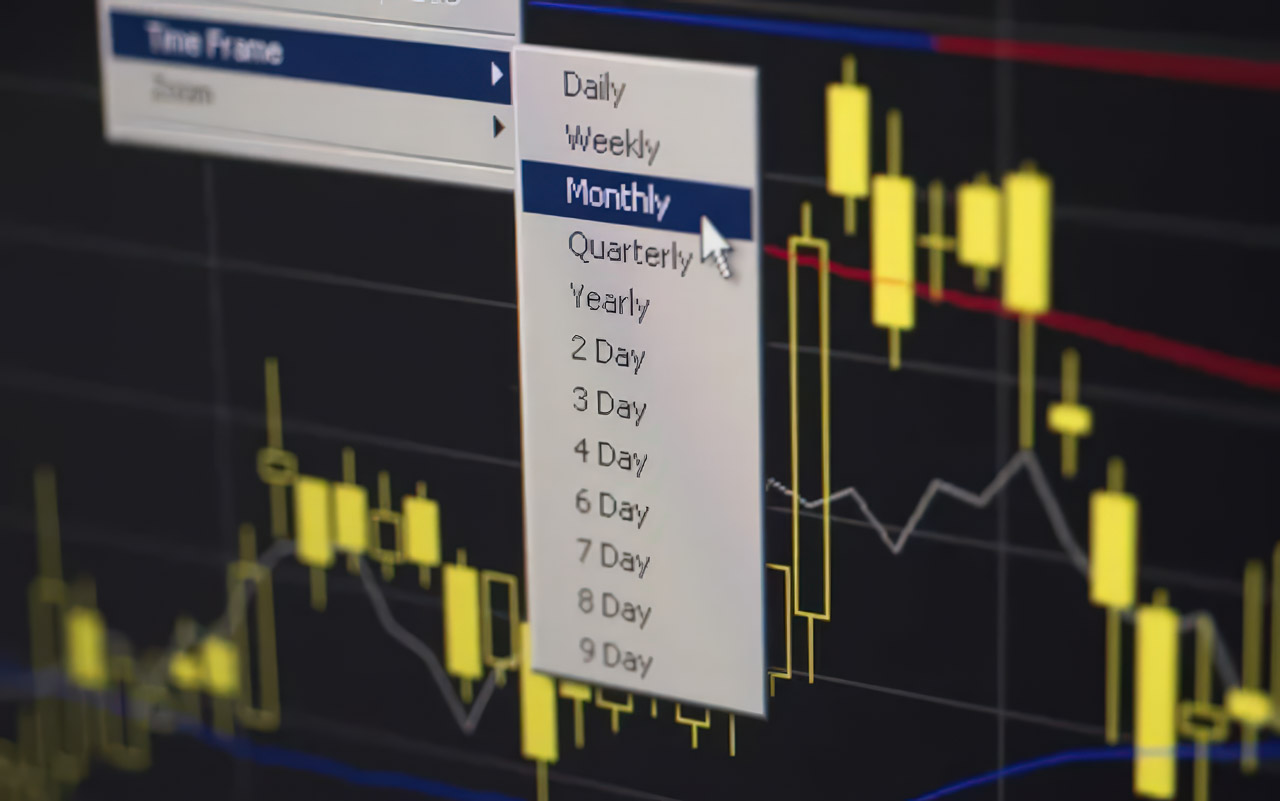 Trading software screen showing a dropdown menu with monthly, quarterly, and yearly time-frame options over a candlestick chart, illustrating tools for API-based cryptocurrency trading analysis.