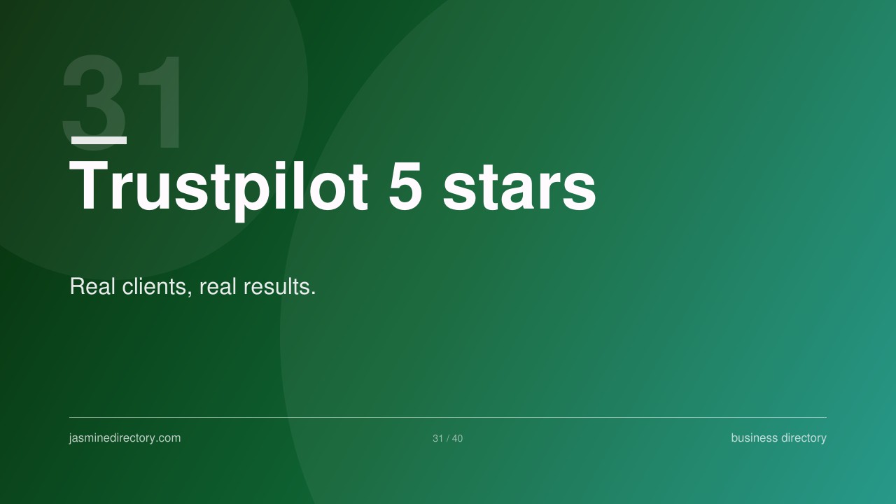 Presentation slide displaying Trustpilot five stars rating with tagline on green gradient background, illustrating how star ratings serve as social proof in business directories.