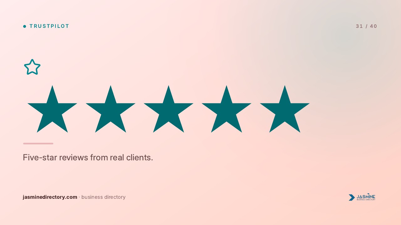 Digital display showing five teal stars and Trustpilot branding with text about client reviews, representing how customer ratings influence local search rankings and business reputation.