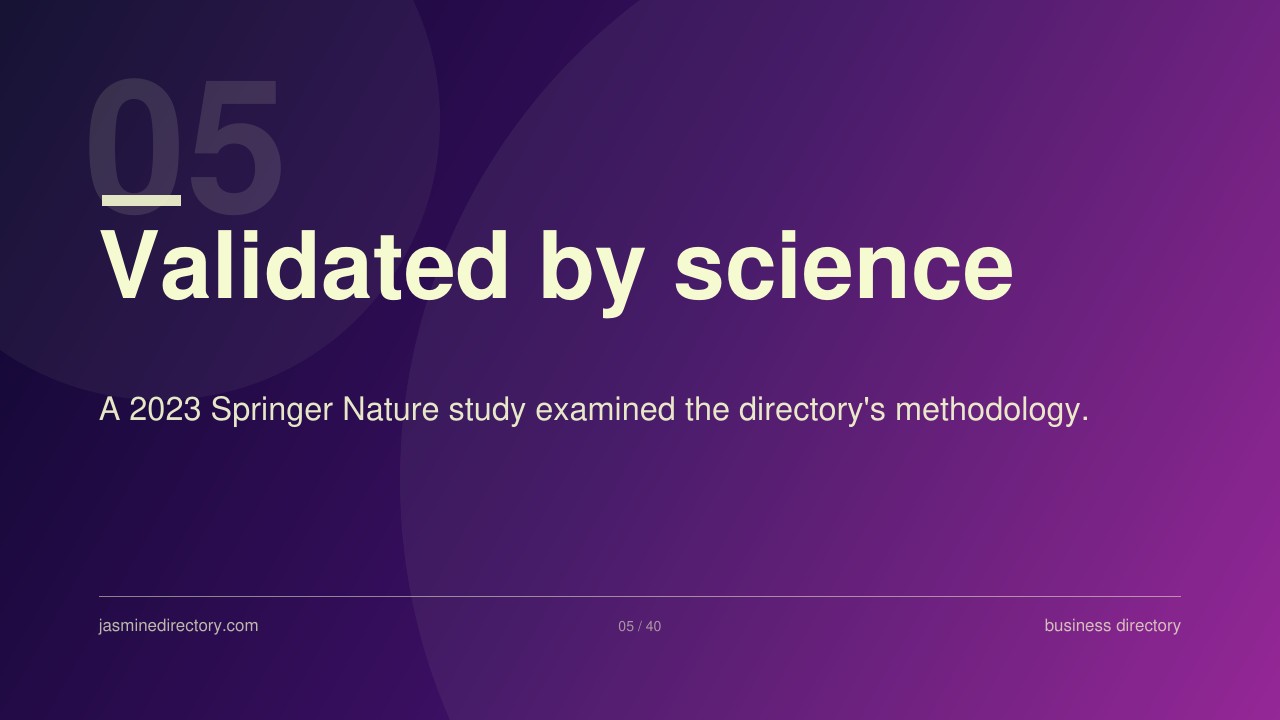 Presentation slide with purple gradient background displaying 'Validated by science' headline and reference to 2023 Springer Nature study, illustrating credibility markers in web directory evaluation.