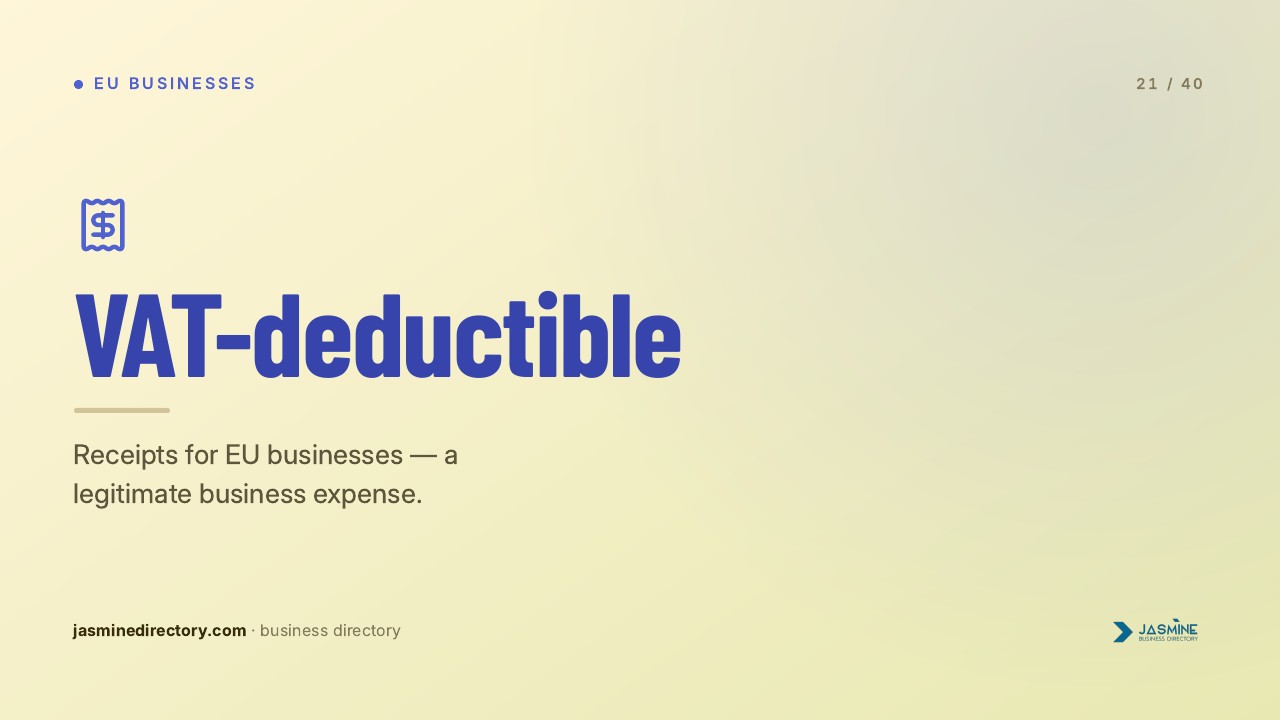 Presentation slide showing VAT-deductible business expense information with receipt icon, illustrating tax benefits of directory listing investments for EU businesses.