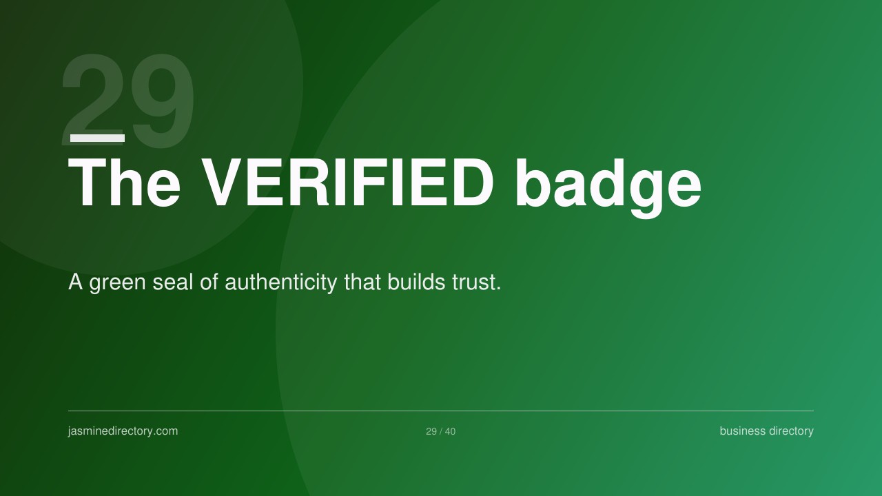 Presentation slide on gradient green background showing 'The VERIFIED badge' heading with subtitle about authenticity, illustrating trust signals for business directory listings.