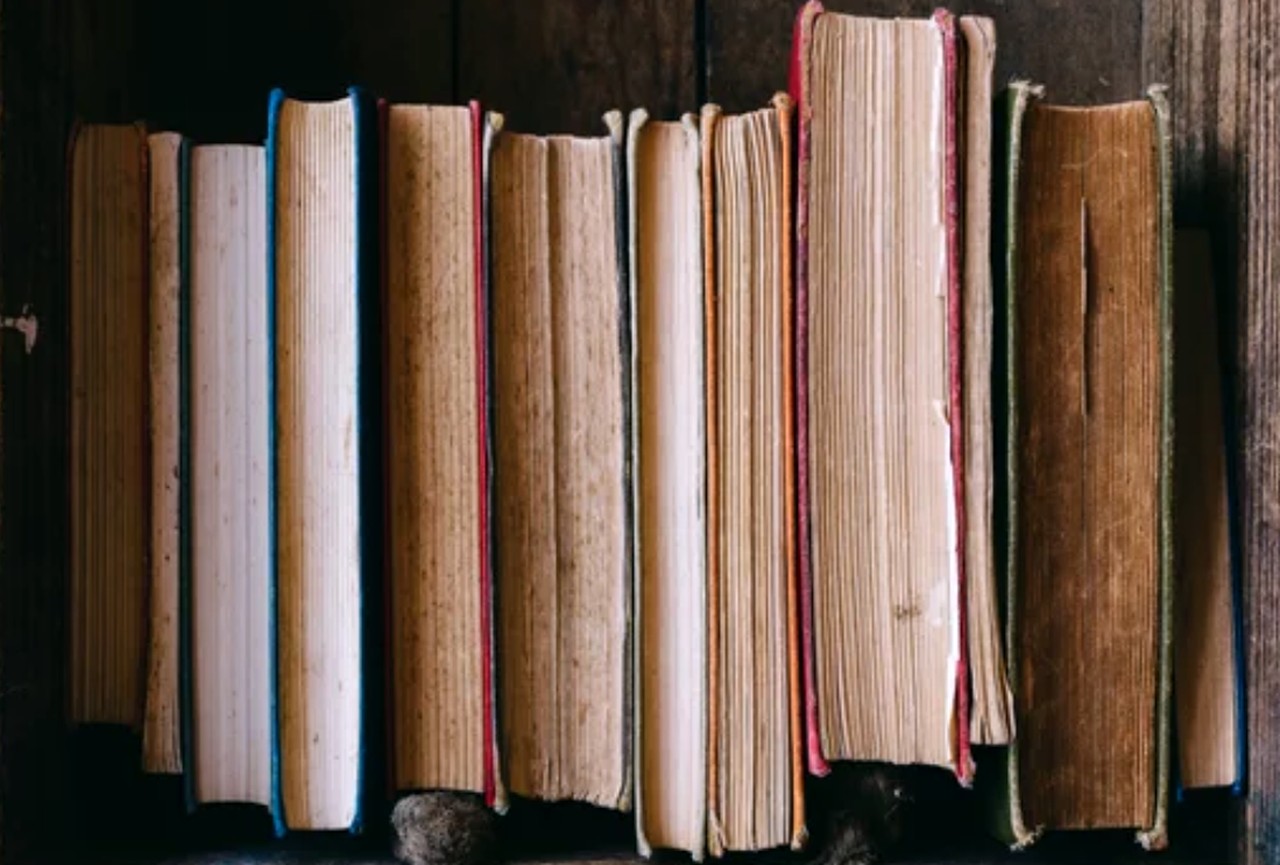 Row of vintage hardcover books with yellowed pages and colorful bindings arranged on a wooden surface, representing used art books available for resale.