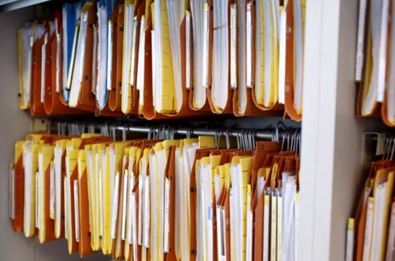 Wall-mounted hanging file system with numerous manila folders organized on horizontal rails, representing the structured approach needed for managing multiple US business directories.