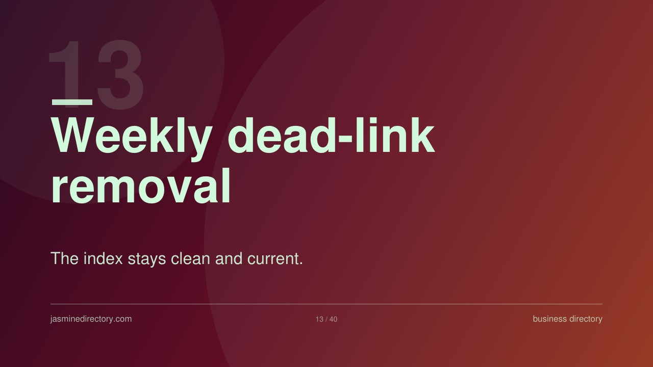 Presentation slide showing 'Weekly dead-link removal' as slide 13, illustrating systematic approaches to combating link rot in business directories.