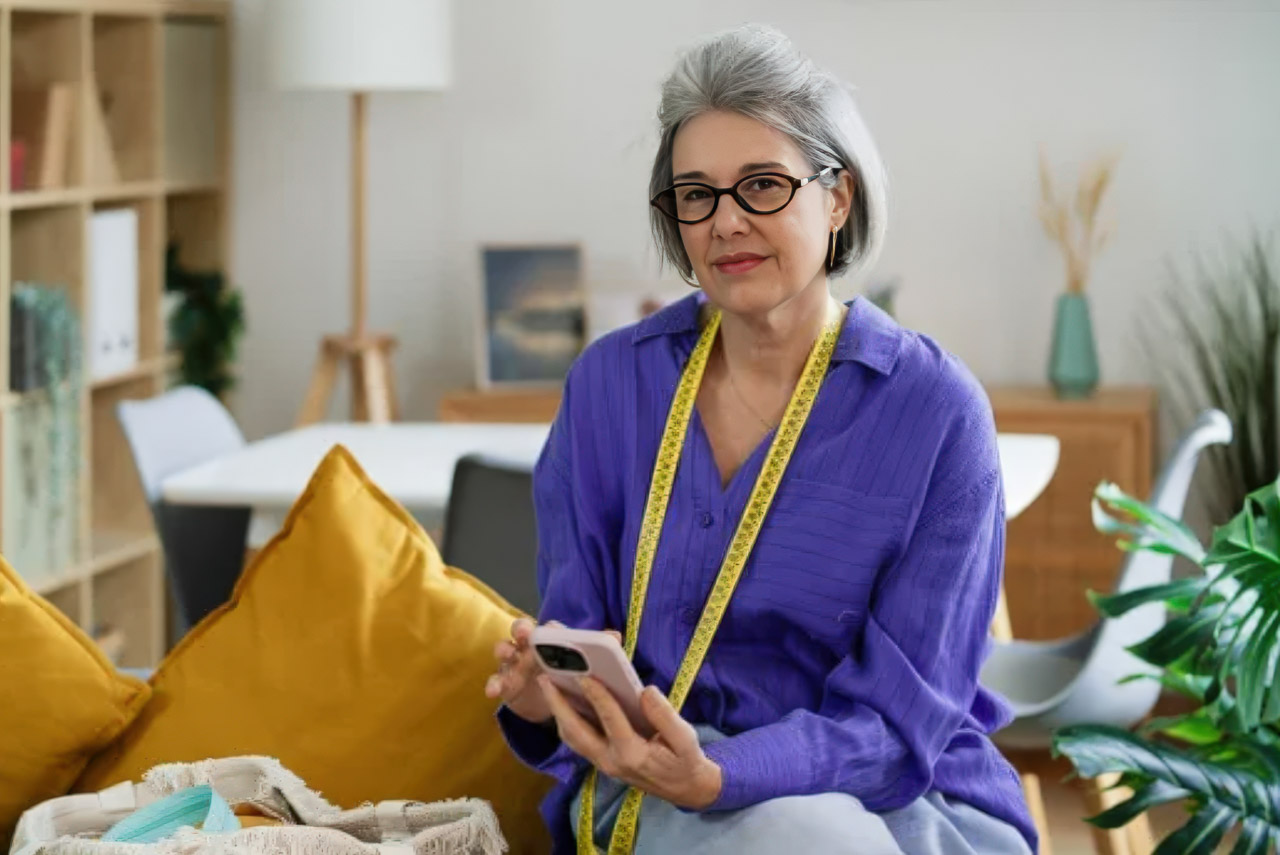 Woman wearing glasses and measuring tape holds smartphone in bright home workspace, representing mobile-first business management and digital directory accessibility.