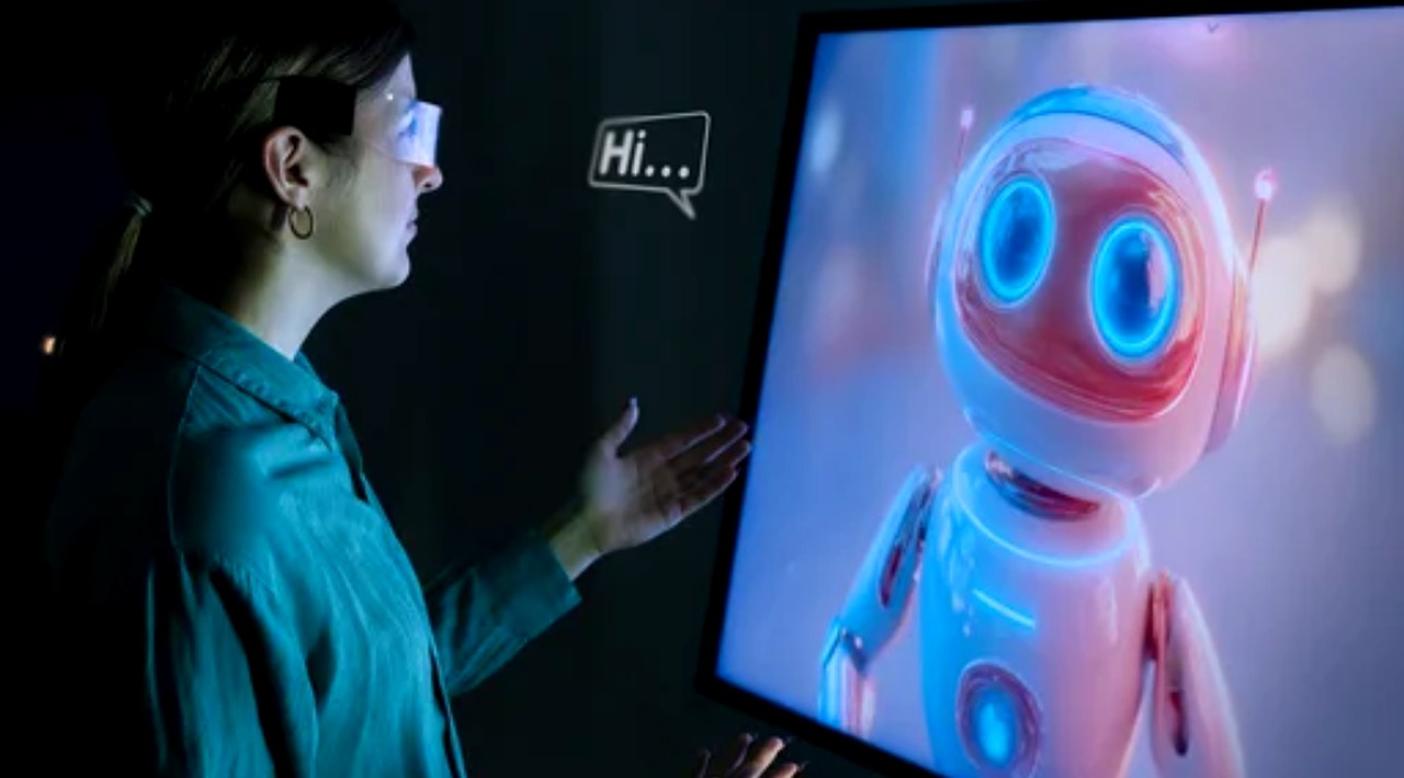 Woman views animated robot chatbot on digital screen with greeting speech bubble, illustrating accessible AI customer support technology for small businesses.