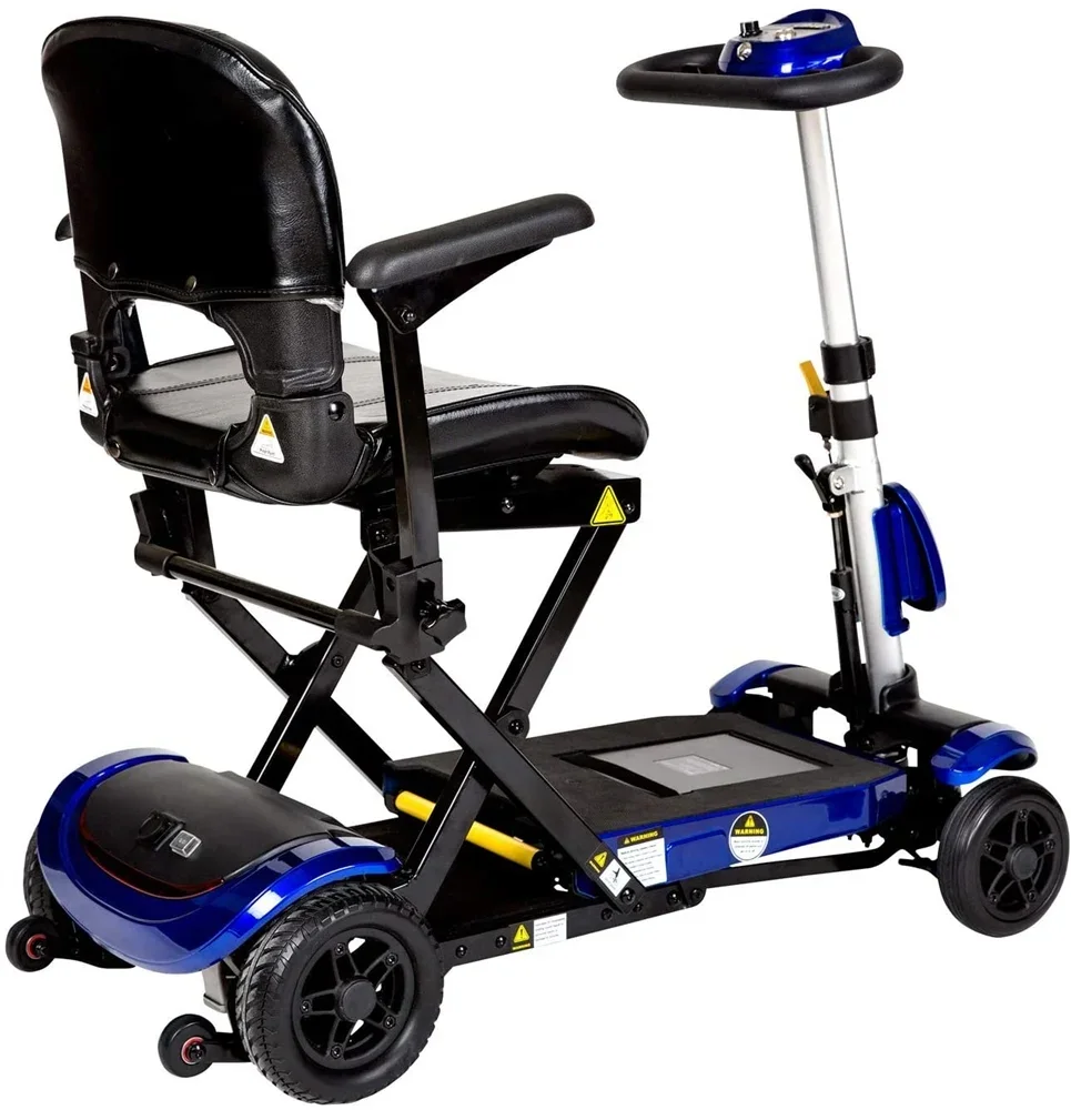 Drive Medical ZooMe Auto-Flex foldable mobility scooter, rear view with anti-tip wheels
