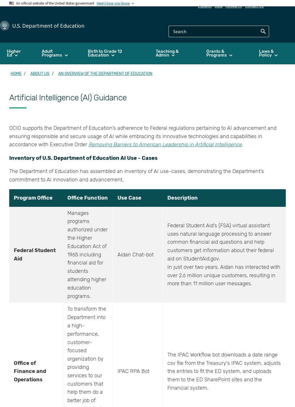 U.S. Department of Education - Artificial Intelligence (AI) Guidance